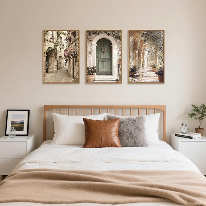 European Flower Street Framed Canvas Wall Art Set,Natural Architecture Travel City Landscape Wall Decor,Vintage Neutral Archway Cityscape Artwork for Living Room,Bedroom,Farmhouse-16 x24 x3