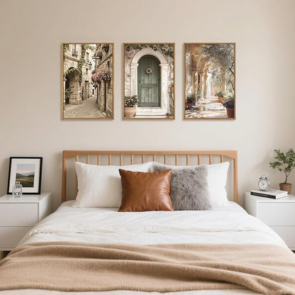 European Flower Street Framed Canvas Wall Art Set,Natural Architecture Travel City Landscape Wall Decor,Vintage Neutral Archway Cityscape Artwork for Living Room,Bedroom,Farmhouse-16 x24 x3