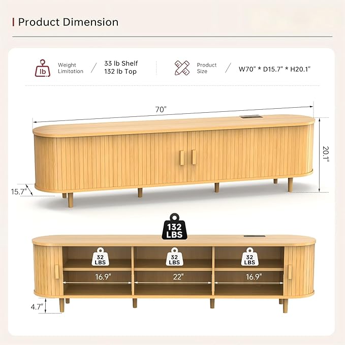 70" Mid Century Modern TV Stand, Wood TV Consoles with Sliding Doors and Power Outlet, Entertainment Center with Adjustable Shelves, Fluted TV Stands for Living Room, Oak
