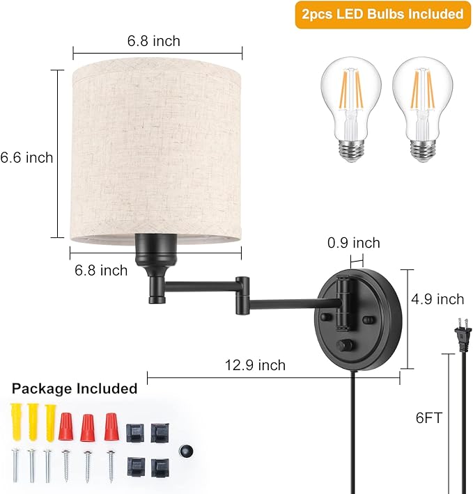 GOODATE ENCOMLI Dimmable Plug in Wall Sconces, Swing Arm Wall Lamp, Wall Sconces Set of Two, Plug in Wall Light, Sconces Wall Decor Set of 2, Linen Fabric Shade, 2pcs Bulbs Included