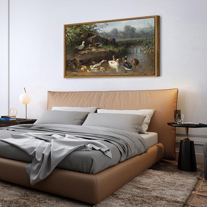 Framed Vintage Animal Wall Art Countryside Duck Wall Decor Rustic Duck Scenic Picture Canvas Prints Painting Abstract Nature Funny Poster Artwork for Living Room Bedroom Office Home Decorations 30x57.8"