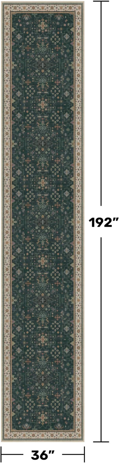 Hazo Haus Washable Dark Green Hallway Runner Rug 16 ft Long - 3x16 Modern Vintage Boho Long Wide Runner Rugs for Kitchen, Non-Slip Stain Resistant Low Pile Throw Rug Indoor Door Mat