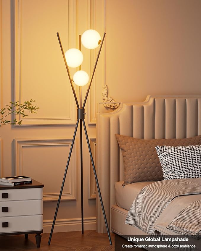 Lightdot 60IN Dimmable Black Tripod Floor Lamp Mid Century Standing Lamps with 3Pcs 3000K Bulbs Included Eye Care&Stable Base Modern Tall Lamp for Living Room/Sofa Beside/Corner Decor