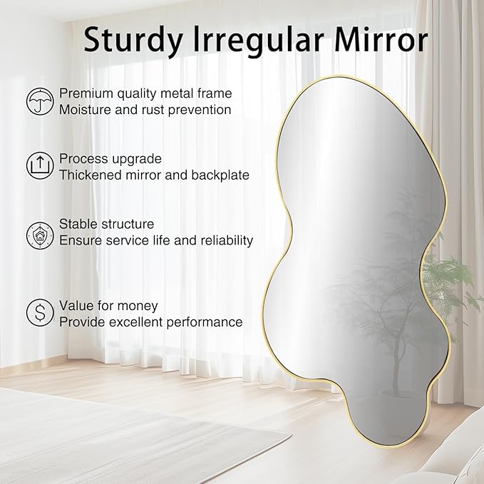 Gold Irregular Mirror, 23.6"x46.5" Asymmetrical Wall Mirror with Metal Frame, Modern Abstract Mirrors for Living Room Bathroom Bedroom Hallway Entryway, Hangs Vertically or Horizontally
