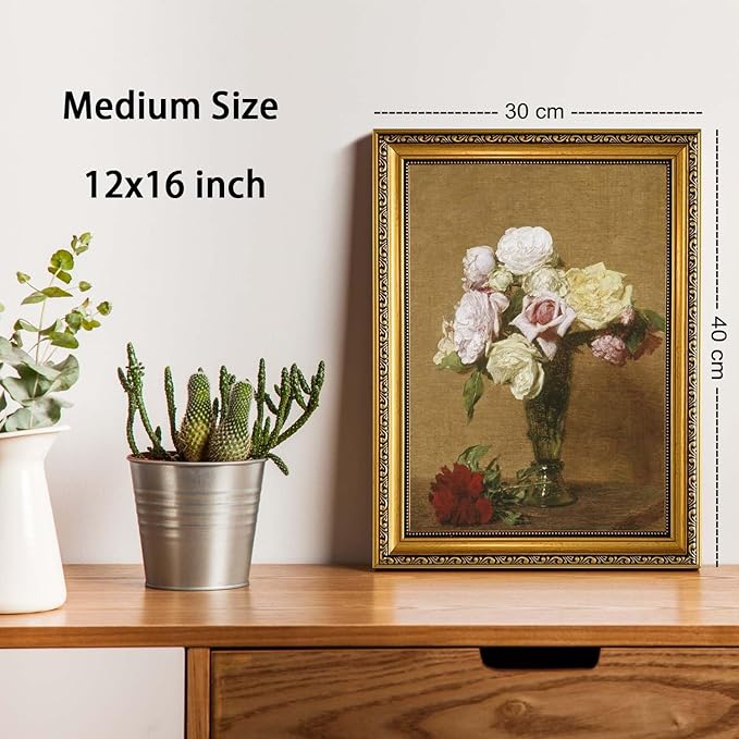 YD&YZY Gold Framed Vintage Wall Art Canvas Henri Fantin Latour Roses Floral Retro Farmhouse Print Art Wall Decor Rustic Cottagecor Painting Picture Print for Dining Room Bedroom 12x16 inch Framed