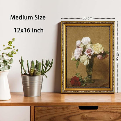 YD&YZY Gold Framed Vintage Wall Art Canvas Henri Fantin Latour Roses Floral Retro Farmhouse Print Art Wall Decor Rustic Cottagecor Painting Picture Print for Dining Room Bedroom 12x16 inch Framed