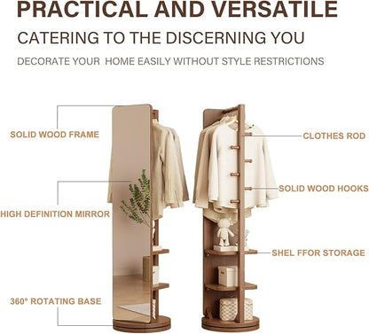 WoodsWhisper Full Length Mirror Coat Rack Solid Wood Floor Mirror 66"x12" Full Length Mirror with Stand Long Mirrors for Bedroom,Living Room (Deep Walnut, 66" Lx12 W)