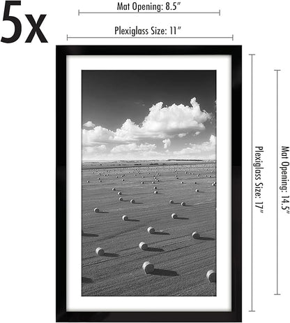 Americanflat 11x17 Picture Frame with Polished Plexiglass - Set of 5 - Use as 9x15 Frame with Mat or Display 11x17 Photo Without Mat - Galleria Collection - Picture Frames for Wall Display - Black