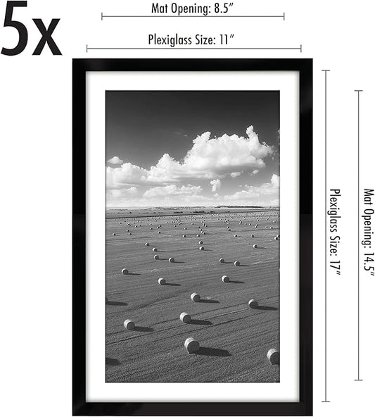Americanflat 11x17 Picture Frame with Polished Plexiglass - Set of 5 - Use as 9x15 Frame with Mat or Display 11x17 Photo Without Mat - Galleria Collection - Picture Frames for Wall Display - Black