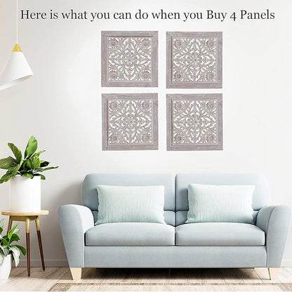 DharmaObjects Handcrafted Lotus Wood Wall Panel Decor Hanging Art 16" X 16" (White Washed)