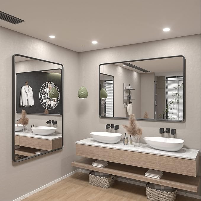 66x40 Inch Black Matte Framed Mirror for Bathroom, Rounded Rectangle Mirror, Bathroom Vanity Mirror for Wall, Anti-Rust, Shatterproof (Horizontal/Vertical)