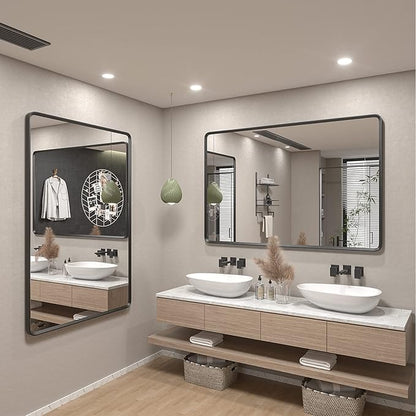 40x36 Inch Black Metal Framed Bathroom Mirror for Wall, Black Rounded Rectangle Mirror, Matte Black Bathroom Vanity Mirror, Anti-Rust, Shatterproof, Hangs Horizontally or Vertically