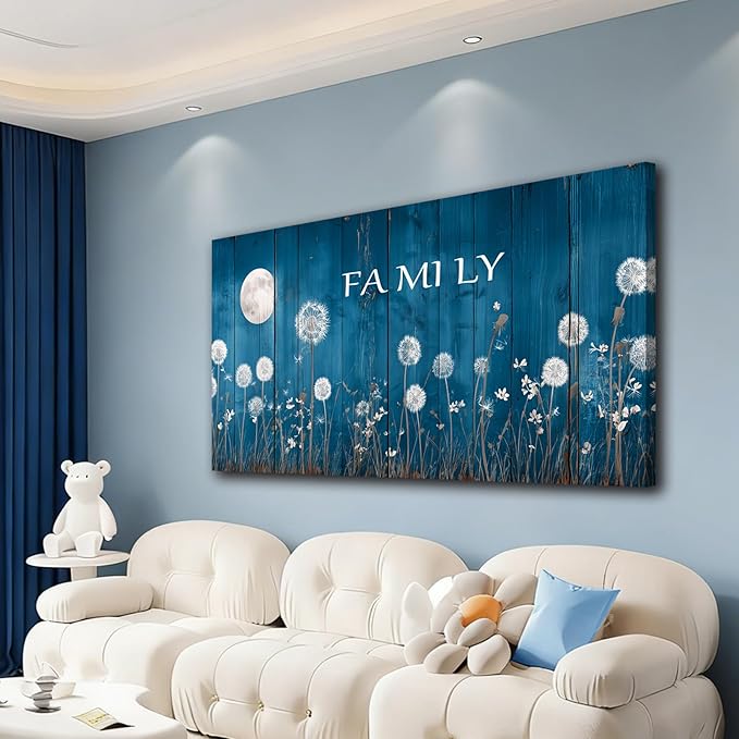 BQVCT Blue Dandelion and Moon Wall Art 24x48 Inch Large Gallery Wrapped Canvas Print Floral Botanical Decor on Rustic Wood Texture Ready to Hang for Living Room Bedroom