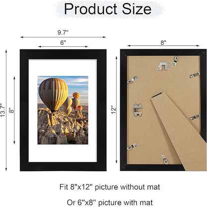 iRahmen 8x12 Picture Frame with Mat 6x8 - High Definition Real Glass Wooden Photo Frames for Tabletop Display and Wall Mounting (Pure Black, Set of 2)