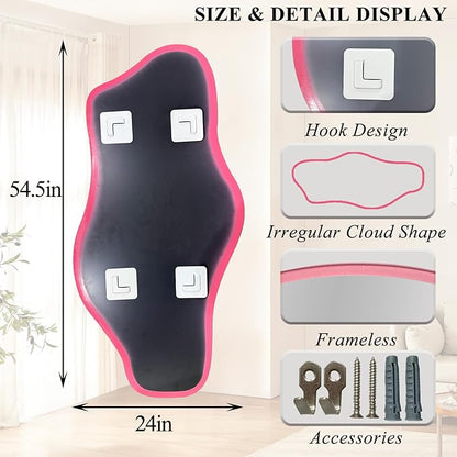 Large Irregular Mirror, 54.5"x24" Asymmetrical Tempered Glass Mirror, Pink Modern Organic Frameless Mirrors for Living Room Bedroom Hallway Entryway, Horizontal or Vertical Hanging
