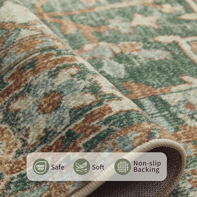 Rugxara 9x12 Area Rug for Living Room Bedroom, Extra Large Washable Rug, Green Vintage Retro Boho Rug, Non Slip & Low Pile Faux Wool Carpet for Indoor Dining Room and Kids Room(Green/Brown 9x12ft)