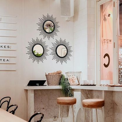 3 Set Sunburst Mirrors for Wall Decor Living Room Bedroom Bathroom Dining Room Metal Boho Sunburst Wall Mirror Set Gold Metal Vintage Circle Art Pack - Black 15.7 in