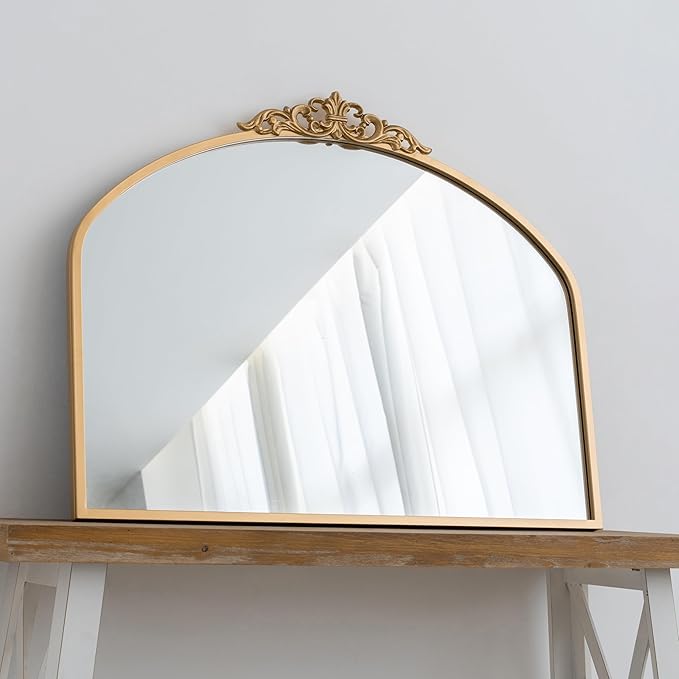 Gold Vintage Arched Wall Mirror 36x29 Antique Baroque Ornate Mirror with Carved Pattern Top and Metal Frame for Bathroom Living Room Entryway Fireplace Hallway