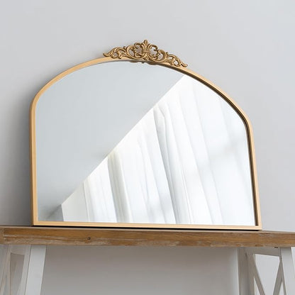Gold Vintage Arched Wall Mirror 36x29 Antique Baroque Ornate Mirror with Carved Pattern Top and Metal Frame for Bathroom Living Room Entryway Fireplace Hallway