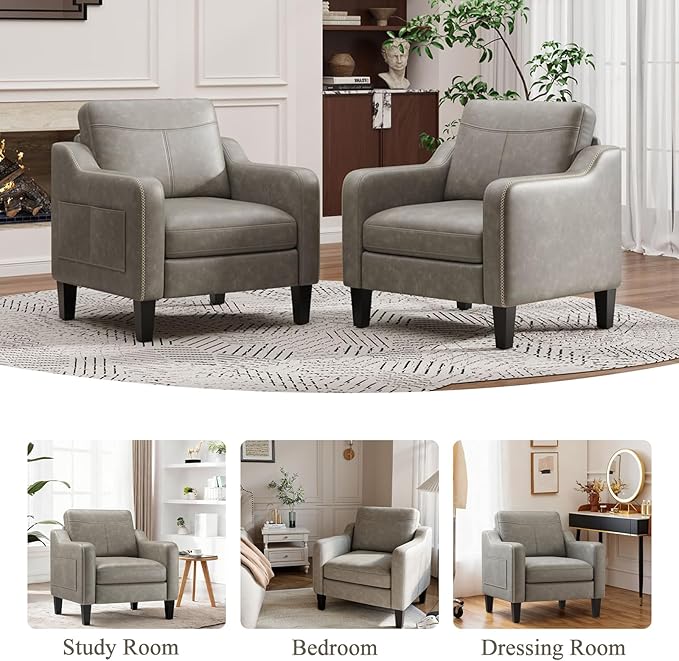 MALOL PU Leather Accent Chair, Mid-Century Modern Living Room Armchair Sofa with Removable Cushions, Solid Wood Frame & Stitched Armrest Design, Bedroom Chair with Plastic Legs, Grey