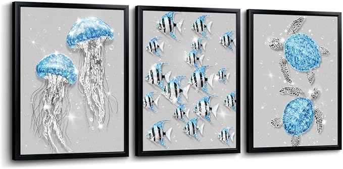 sechars Ocean Animal Wall Art Jellyfish Fish Sea Turtle Picture Prints Glam Blue and Grey Bathroom Decor Framed Artwork (Blue)