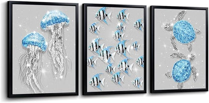 sechars Ocean Animal Wall Art Jellyfish Fish Sea Turtle Picture Prints Glam Blue and Grey Bathroom Decor Framed Artwork (Blue)