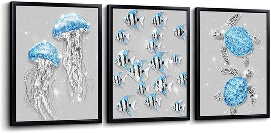 sechars Ocean Animal Wall Art Jellyfish Fish Sea Turtle Picture Prints Glam Blue and Grey Bathroom Decor Framed Artwork (Blue)