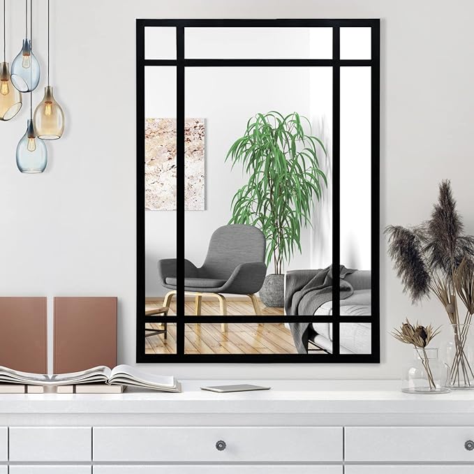 HQiJun Black Rectangle Mirror, Farmhouse Decorative Wall Mirror for Entryway, Living Room, Bedroom, Hallway, Fireplace, Accent Wall Decor (Black1, 34" x 24")