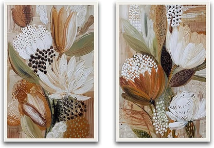 Textured Floral Wall Art Set of 2 Modern Boho Exotic Protea Flowers Impasto Brushstroke Earthy Neutral Tones for Home Living Room Bedroom Kitchen Warm Rustic Interior Decor Accent 16x24 Inch Unframed
