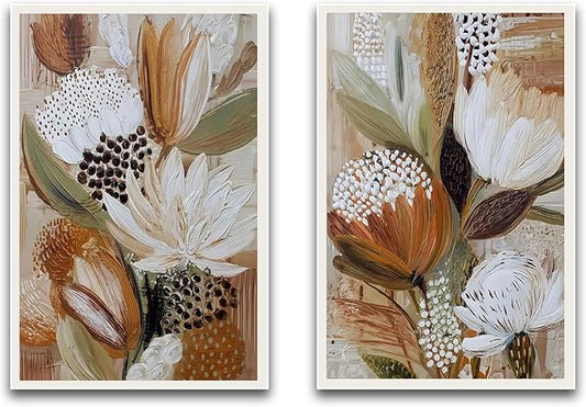 Textured Floral Wall Art Set of 2 Modern Boho Exotic Protea Flowers Impasto Brushstroke Earthy Neutral Tones for Home Living Room Bedroom Kitchen Warm Rustic Interior Decor Accent 16x24 Inch Unframed