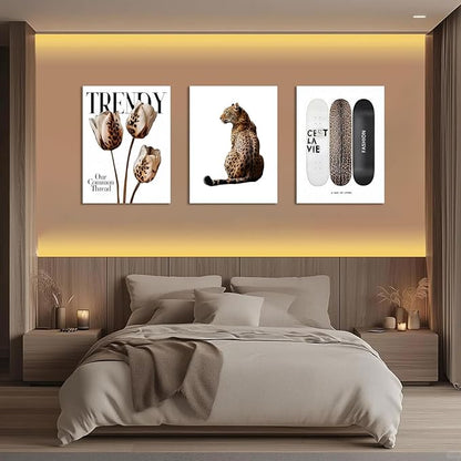 Trendy Leopard Canvas Wall Art Set of 3 Cheetah Printed Preppy Fashion Skateboard Wall Decor Preppy Room Aesthetic posters Prints for Girls Bedroom Apartment Dorm 16x24in Framed Decoration