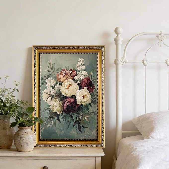 YD&YZY Gold Framed Vintage Wall Art Canvas Still Life Sage Green Flower Farmhouse Print Moody Floral Wall Decor Rustic Cottagecor Painting Picture Print for Dining Room Bedroom 16x24 inch Framed