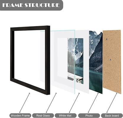 Hongkee 8x8 Picture Frames with Real Glass, Black Wooden Square Photo frame Set of 3, Displays 4x4 Picture With Mat or 8x8 Without Mat, Desktop & Wall Collage Frame set