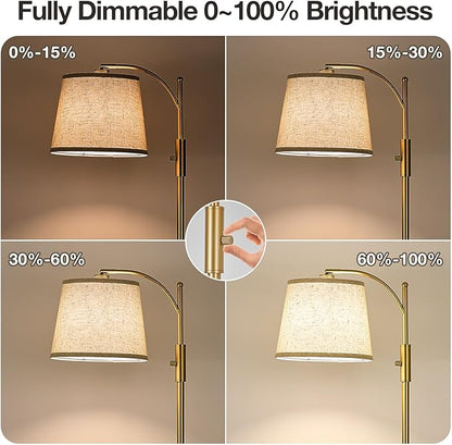 AIDENOEY Fully Dimmable Floor Lamp for Living Room，Standing Lamp Rotary Switch with Linen Beige Shade，Golden Tall Lamps for Bedroom with Adjust Head，9W LED Bulb Included