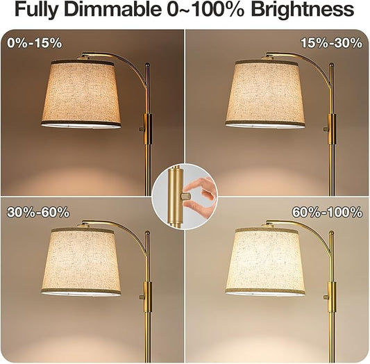 AIDENOEY Fully Dimmable Floor Lamp for Living Room，Standing Lamp Rotary Switch with Linen Beige Shade，Golden Tall Lamps for Bedroom with Adjust Head，9W LED Bulb Included