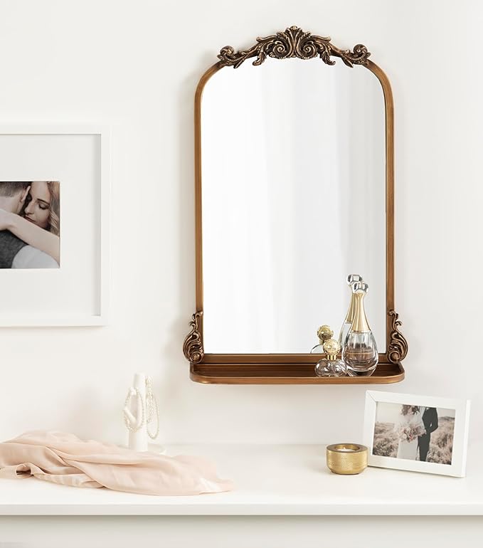 Kate and Laurel Arendahl Traditional Vintage Arch Mirror with Shelf, 16 x 25, Gold, Baroque Antique Arched Wall Mirror with Functional Shelf and Ornate Frame