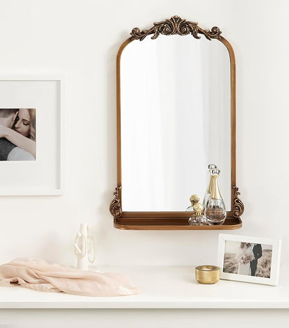 Kate and Laurel Arendahl Traditional Vintage Arch Mirror with Shelf, 16 x 25, Gold, Baroque Antique Arched Wall Mirror with Functional Shelf and Ornate Frame