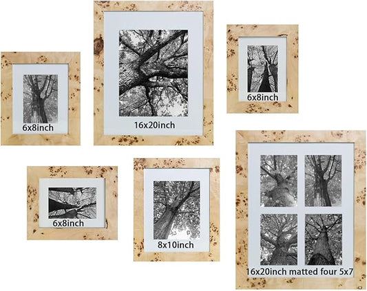 6 Pack Burlwood Wood Gallery Frames Set - Natural Finish Picture Frames for Family Photos - Elegant Wall or Tabletop Decor