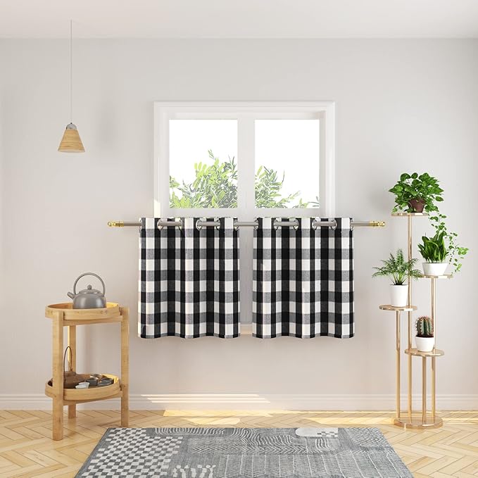 3 Pc Cotton Classic Country Farmhouse Kitchen Window Curtain Grommet Top -Black & White Buffalo Check Tier & Valance Set, 54" x 18" / 32" x 24"