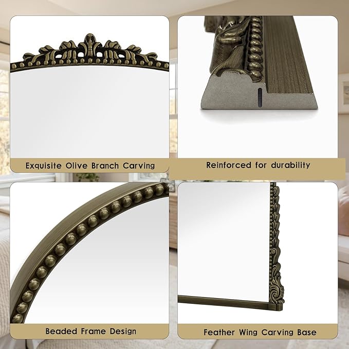 Antique Full Length Mirror 71" x 32", Antique Bronze Arched Large Vintage Mirror in Baroque Style with Tempered Glass, Freestanding for Bedroom, Living Room, Cloakroom