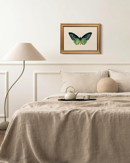 Bzstyleart Vintage Wall Art Decor, Vintage Gold Framed Wall Art, Green Butterfly Frmaed Artwork for Office, Aesthetic Canvas Picture Print, Painting for Bedroom Living Bathroom, 12 x 16 Inch