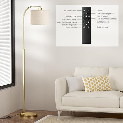 Ambimall Arc Floor Lamp with Remote and Stepless Dimmable Bulb, Colors Temperature & Brightness Adjustable, Gold Floor Lamps for Living Room（Deep Beige Shade & Gold Pole）