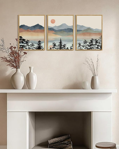 Drsoum Mountain Range Landscape Wall Art Framed Ink Wash Watercolor Nature Wall Decor Laker Sun Rises Prints Bedroom Living Room Ready to Hang 12x16in Natural Framed