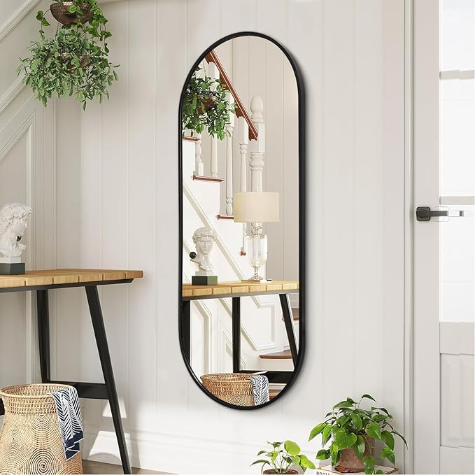 Black Oval Bathroom Full Length Mirror, 48x16'' Pill Shaped Oblong Vanity Wall Mirror, Metal Framed Capsule Aluminum Frame Decor Mirror for Living Room Vanity Bedroom Entryway