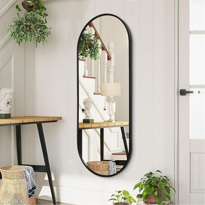 Black Oval Bathroom Full Length Mirror, 48x16'' Pill Shaped Oblong Vanity Wall Mirror, Metal Framed Capsule Aluminum Frame Decor Mirror for Living Room Vanity Bedroom Entryway