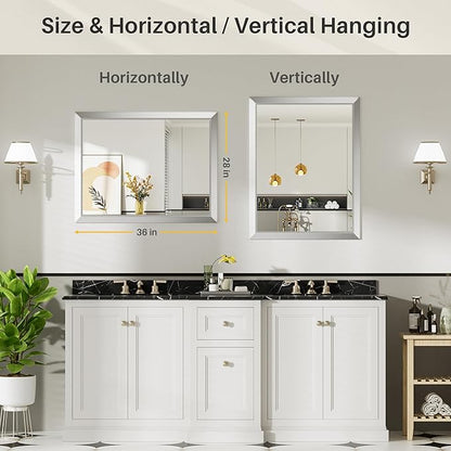 28x36 Inch Brushed Silver Bathroom Mirror for Wall, Thick Metal Framed Rectangle Mirrors for Over Sink, Bedroom, Living Room, Entryway, Anti-Rust, HD Tempered Glass