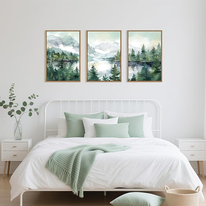 Watercolor Mountain Framed Canvas Wall Art Set, Boho Forest Wall Decor, Nature Green Pines Wall Painting, Forest Wilderness Artwork for Living Room, Bedroom, Dining Room, Office-24 x36 x3