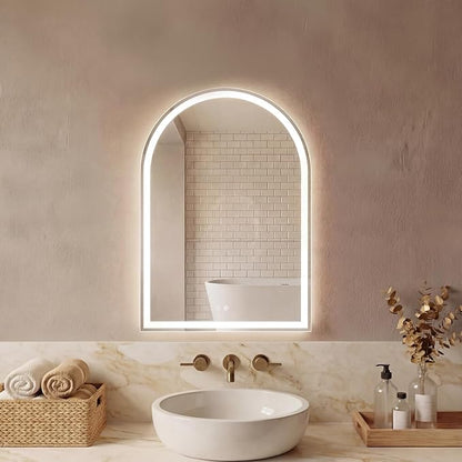 Sweetcrispy 20“×28” LED Bathroom Backlit Mirror with Lights, Arched Lighted Bathroom Vanity Mirror with Anti-Fog, Dimmable, 3-Color Light, Memory Function, Tempered Glass, Water-Proof Design