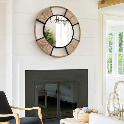Round Wall Mirror for Wall Decor, 30.5'' Boho Mirror for Dining Room with Detachable Rattan and Black Metal Frame, Round Mirror for Living Room Bathroom Beach Decor