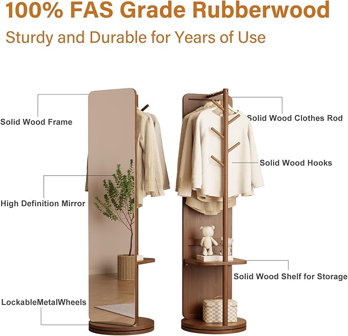 WoodsWhisper Full Length Mirror Coat Rack Solid Wood Floor Mirror 66"x12" Full Length Mirror with Stand Long Mirrors for Bedroom,Living Room (Deep Walnut, 70" L x 16" W)